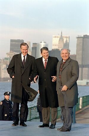 President Ronald Reagan, VP George H. W. Bush Soviet General Secretary Mikhail Gorbachev, Governors Island New York 1988-12-07.jpg