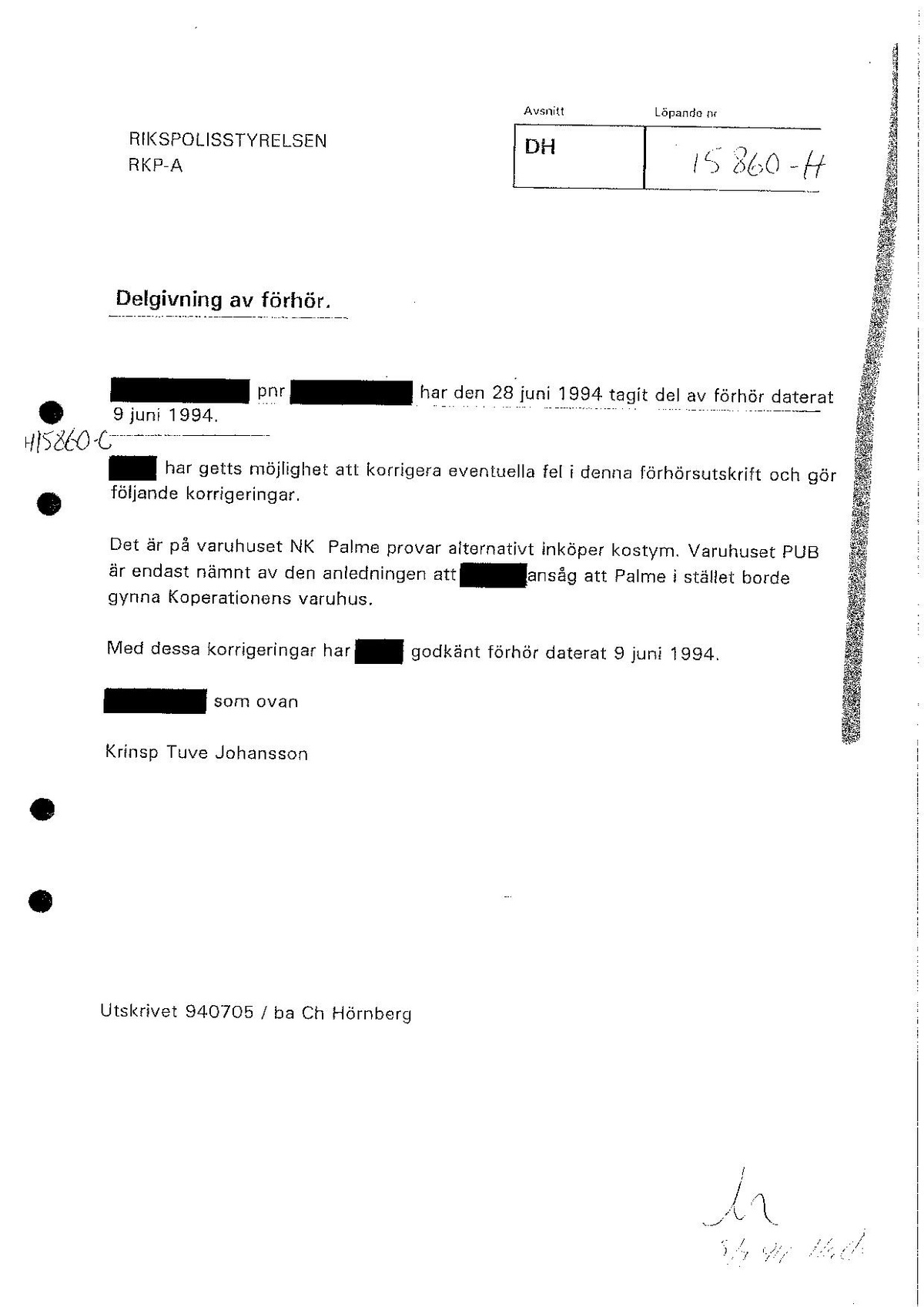 Pol-1994-06-09 DH15860-H Dedgivning förhör Harry P om bevakning av Palme.pdf
